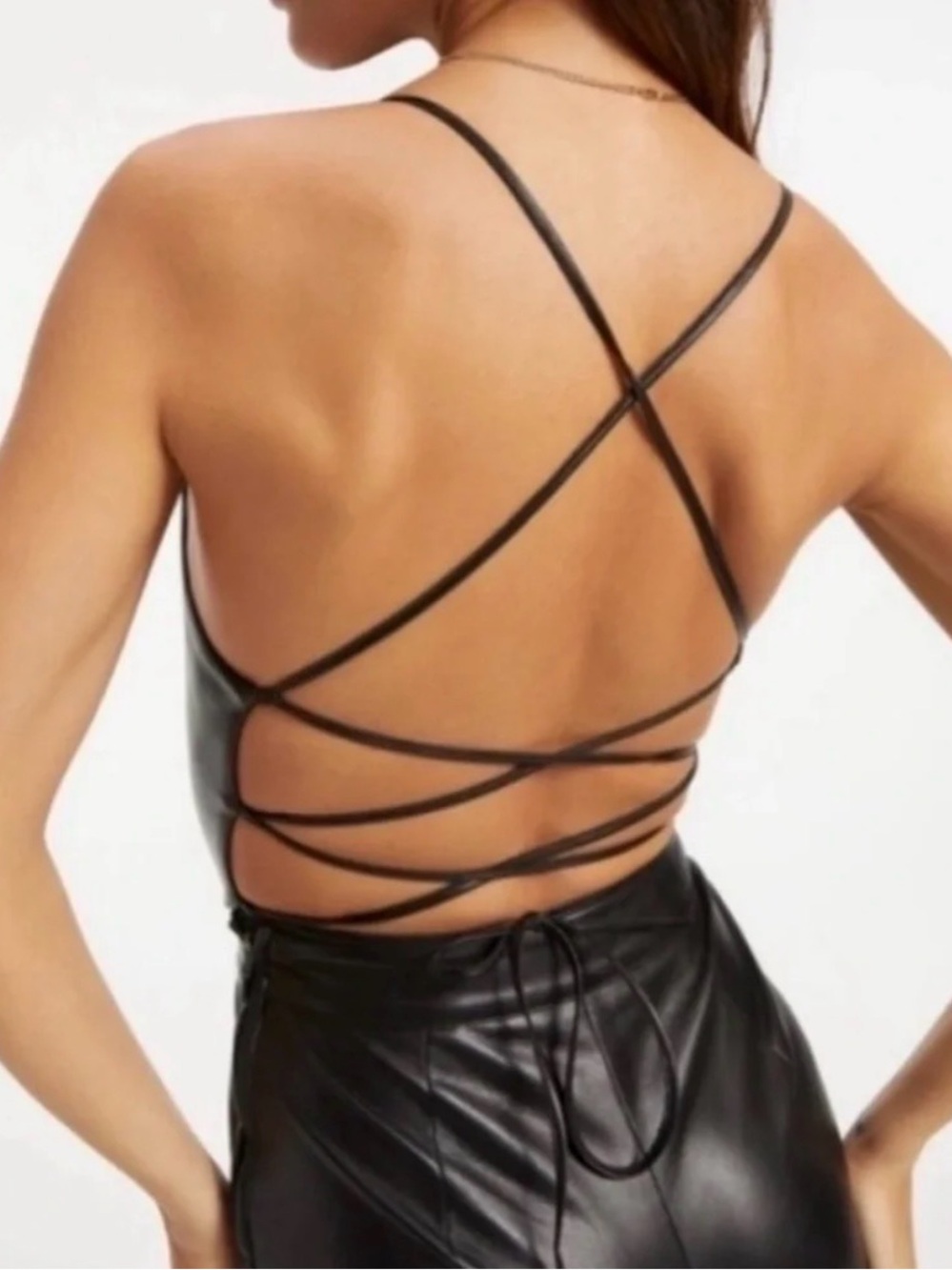 Good American Black Faux Leather Boot-Cut Jumpsuit with Strappy Open Back
